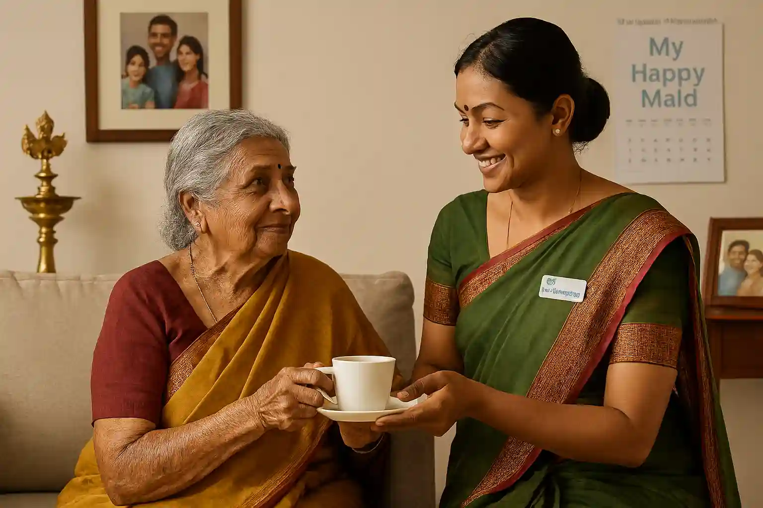 maids India caregiver offering tea to elderly woman in traditional Indian home with My Happy Maid calendar
