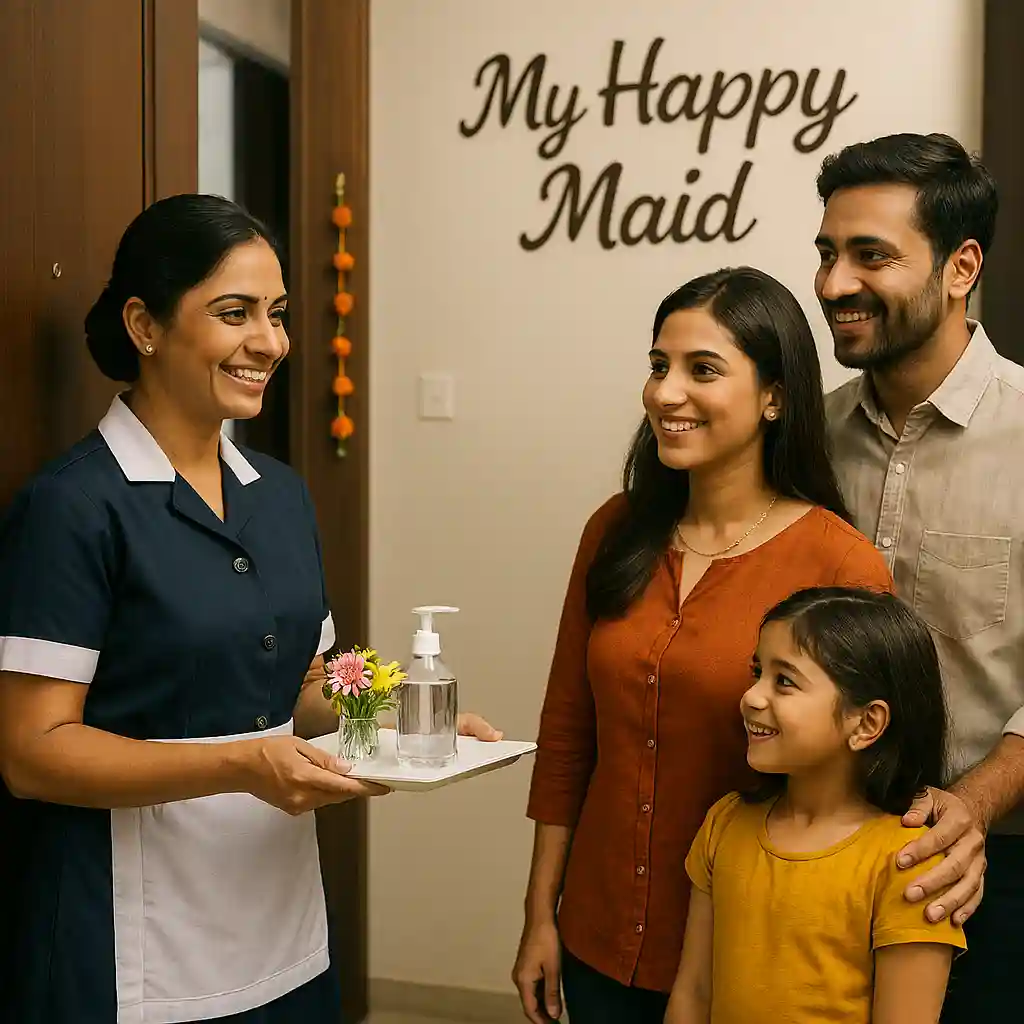 maids near me greeting family with flowers and sanitizer at doorwa