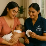 Japa Maids for newborn and mother care providing feeding, hygiene, and support with My Happy Maid uniform