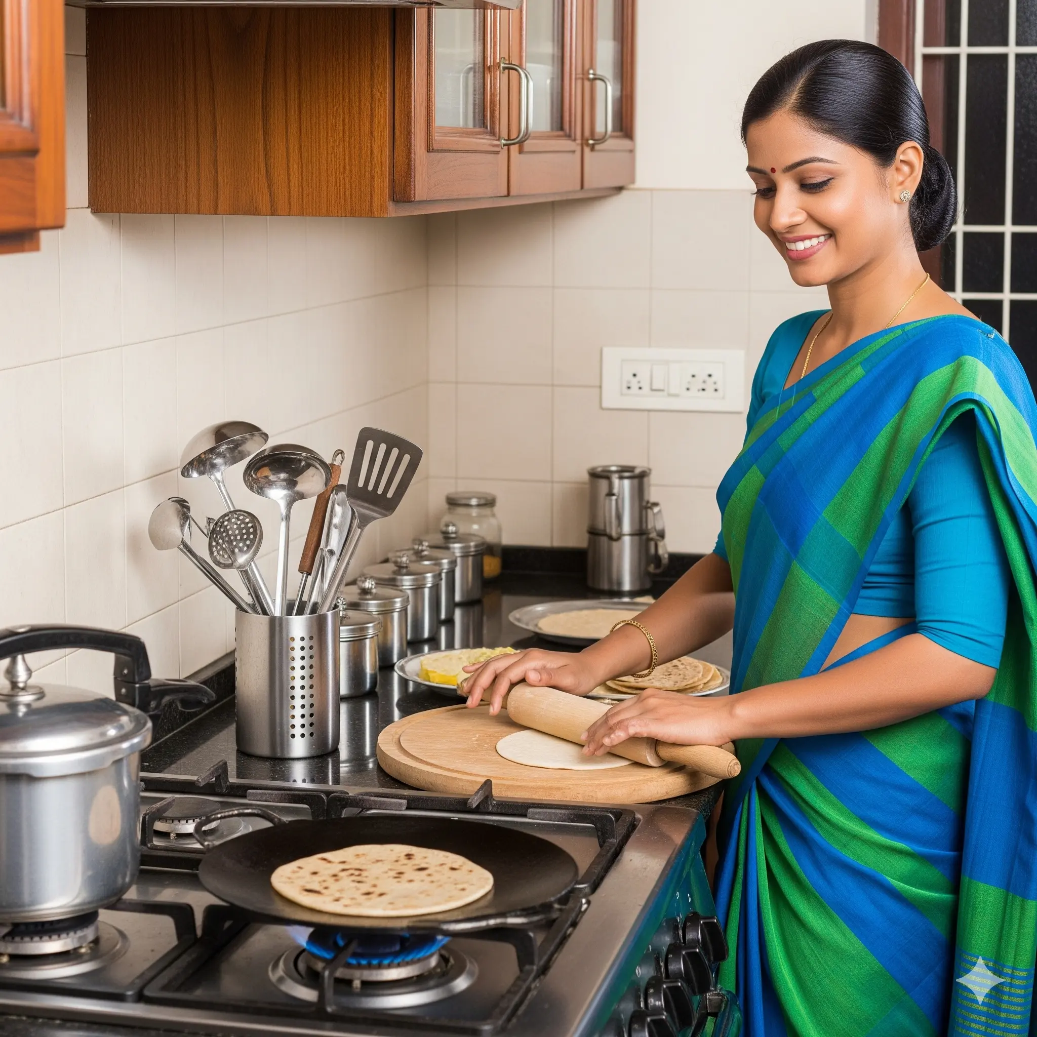 Maid services for cooking and family assistance Indian maid cooking in kitchen as part of maid services