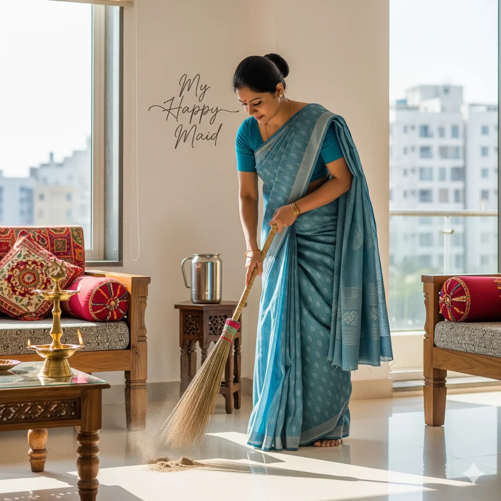 Maid services for home cleaning and daily chores Indian maid cleaning apartment floor as part of trusted maid services