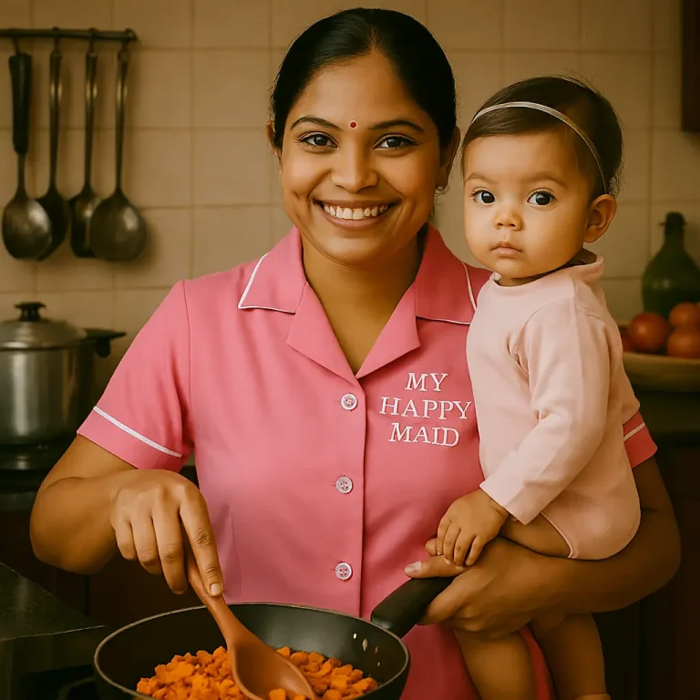 My Happy Maid trained house maids for cooking childcare and home care Professional Indian house maids in My Happy Maid uniform trained in cooking and childcare services