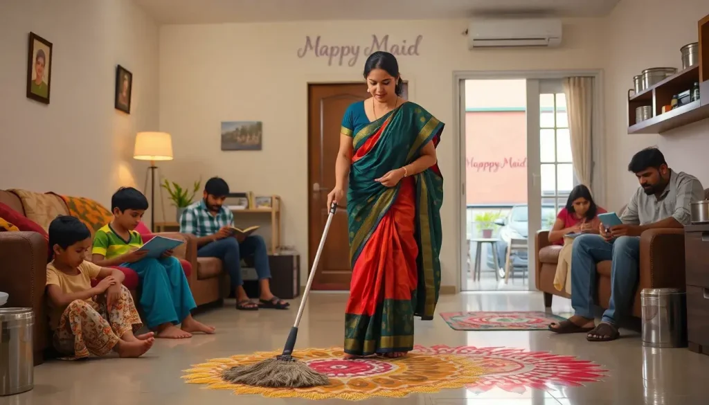 Indian maid mopping floor while family enjoys new routine with the best maid service in Bengaluru