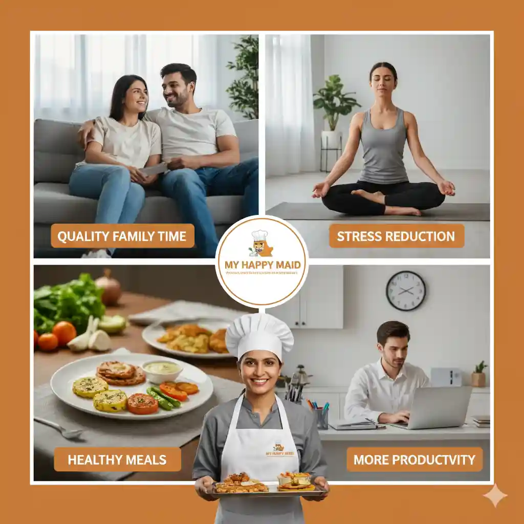 A collage showcasing the benefits of hiring a home cook, including family time, stress reduction, healthy meals, and increased productivity, with a cook presenting food.