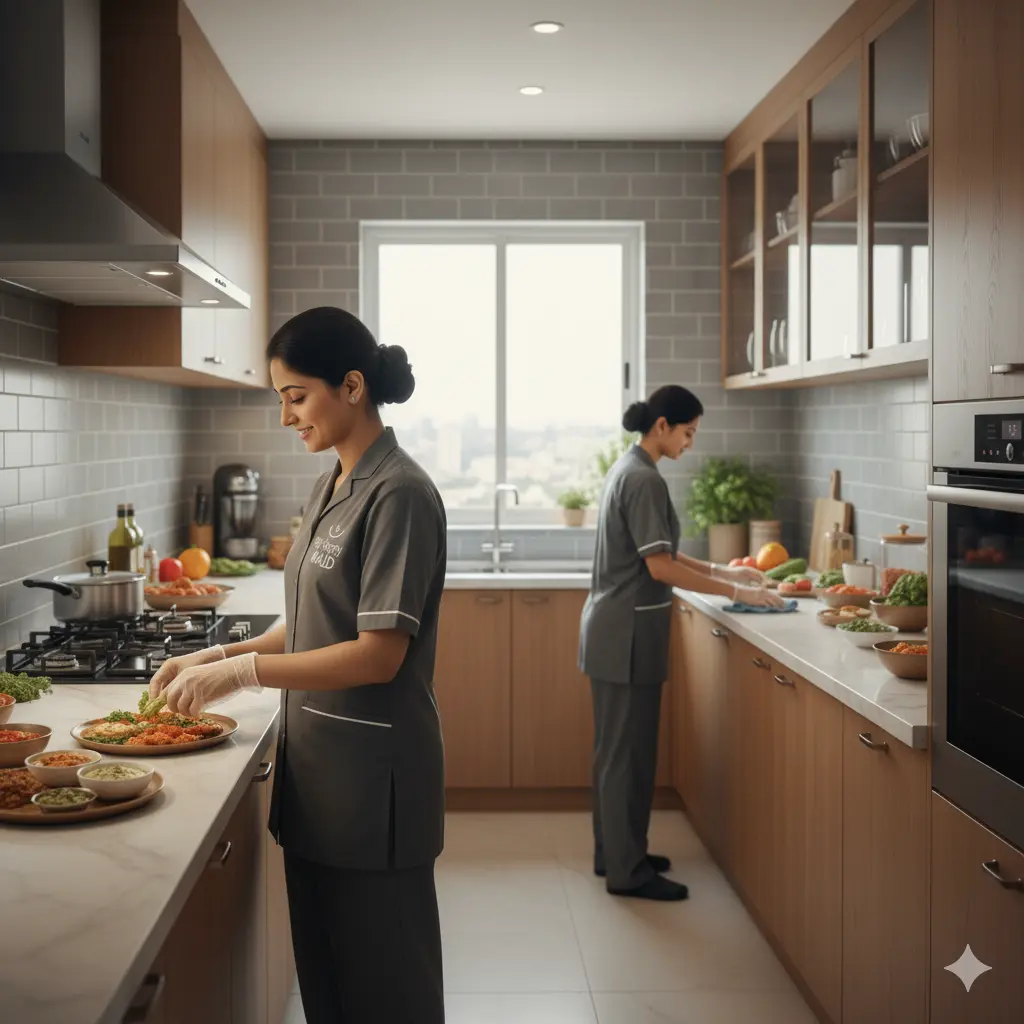 Professional Indian female cooks performing various home cooking tasks