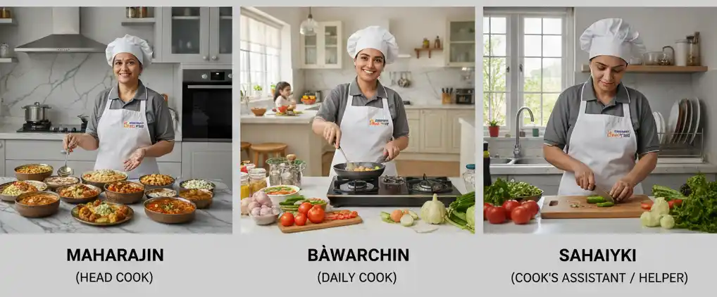 A triptych showing three different Indian female home cooks, a maharajin, bāwarchin, and sahāiyikī, performing their daily kitchen roles.