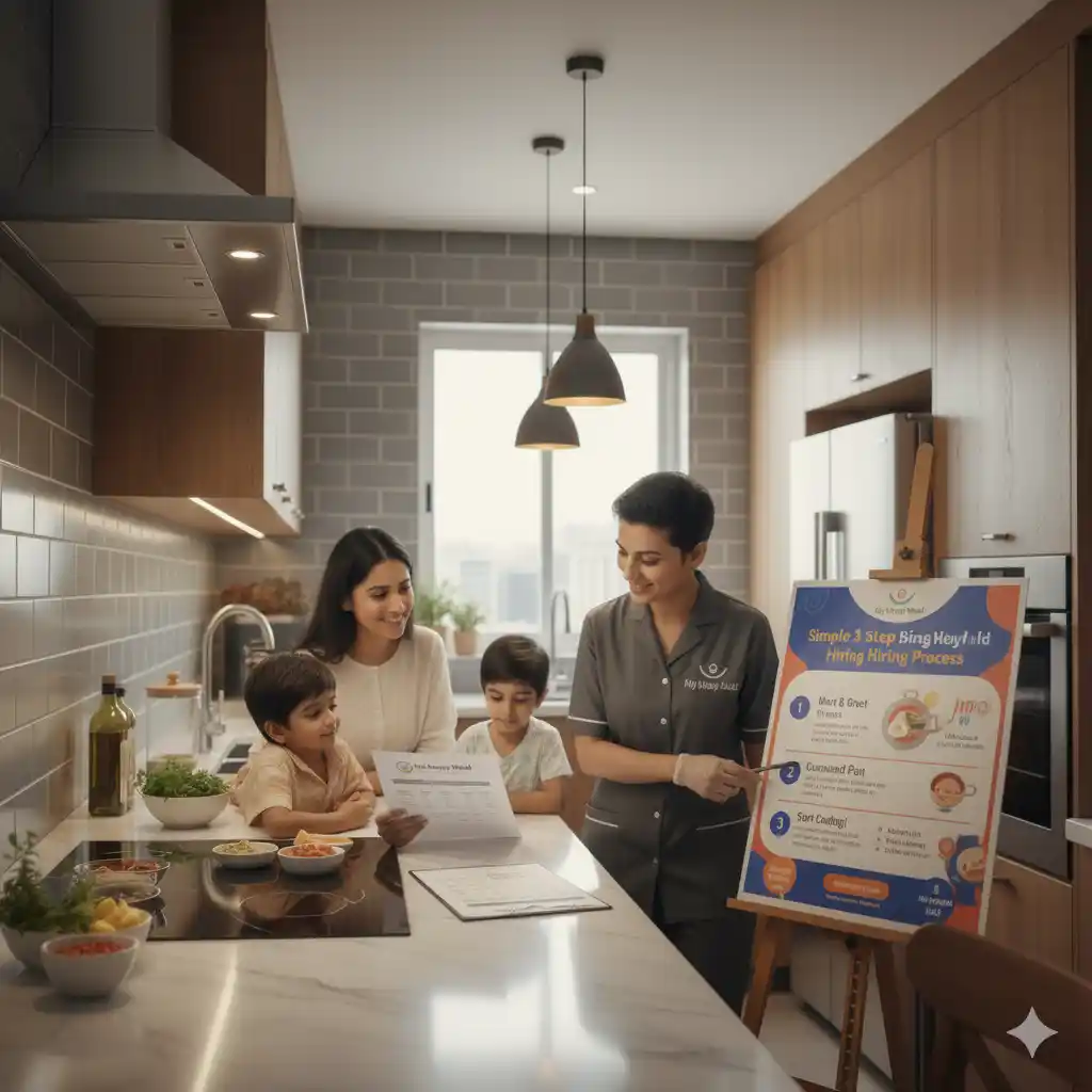 Professional Indian female cook guiding family through the hiring process
