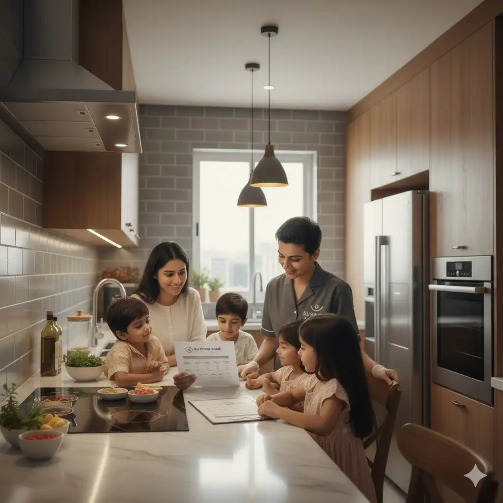 Indian female cook working in a kitchen with family reviewing service pricing