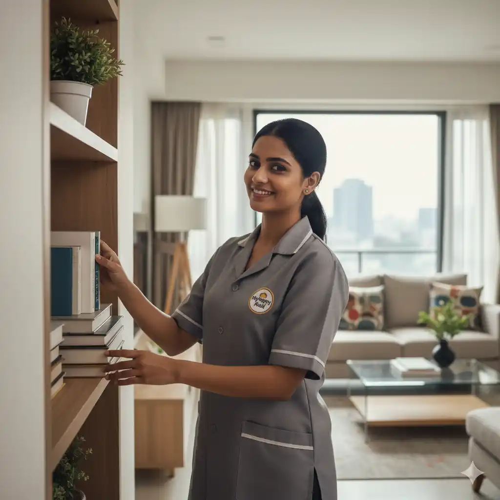 Professional Indian housemaid performing household tasks in a modern home